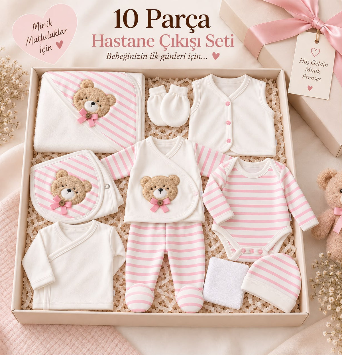 10 Parça Hastane Çıkışı Kız Bebek Seti - Pembe