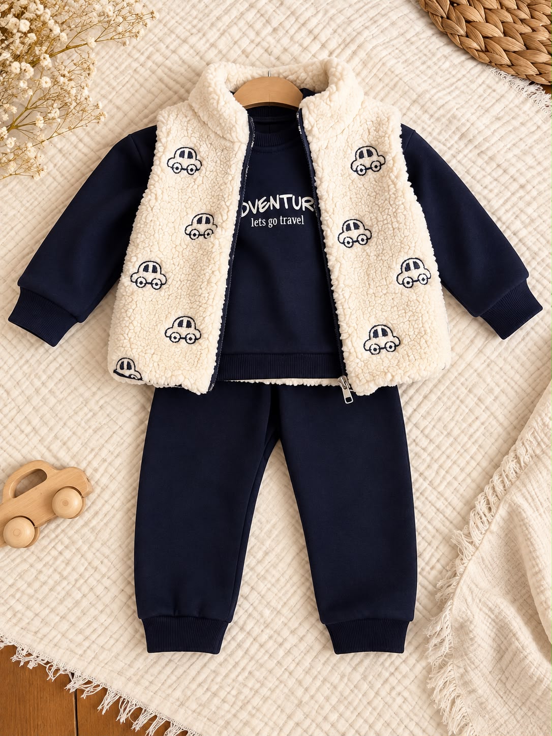 Arabalı Peluş Yelekli Erkek Bebek 3'lü Takım