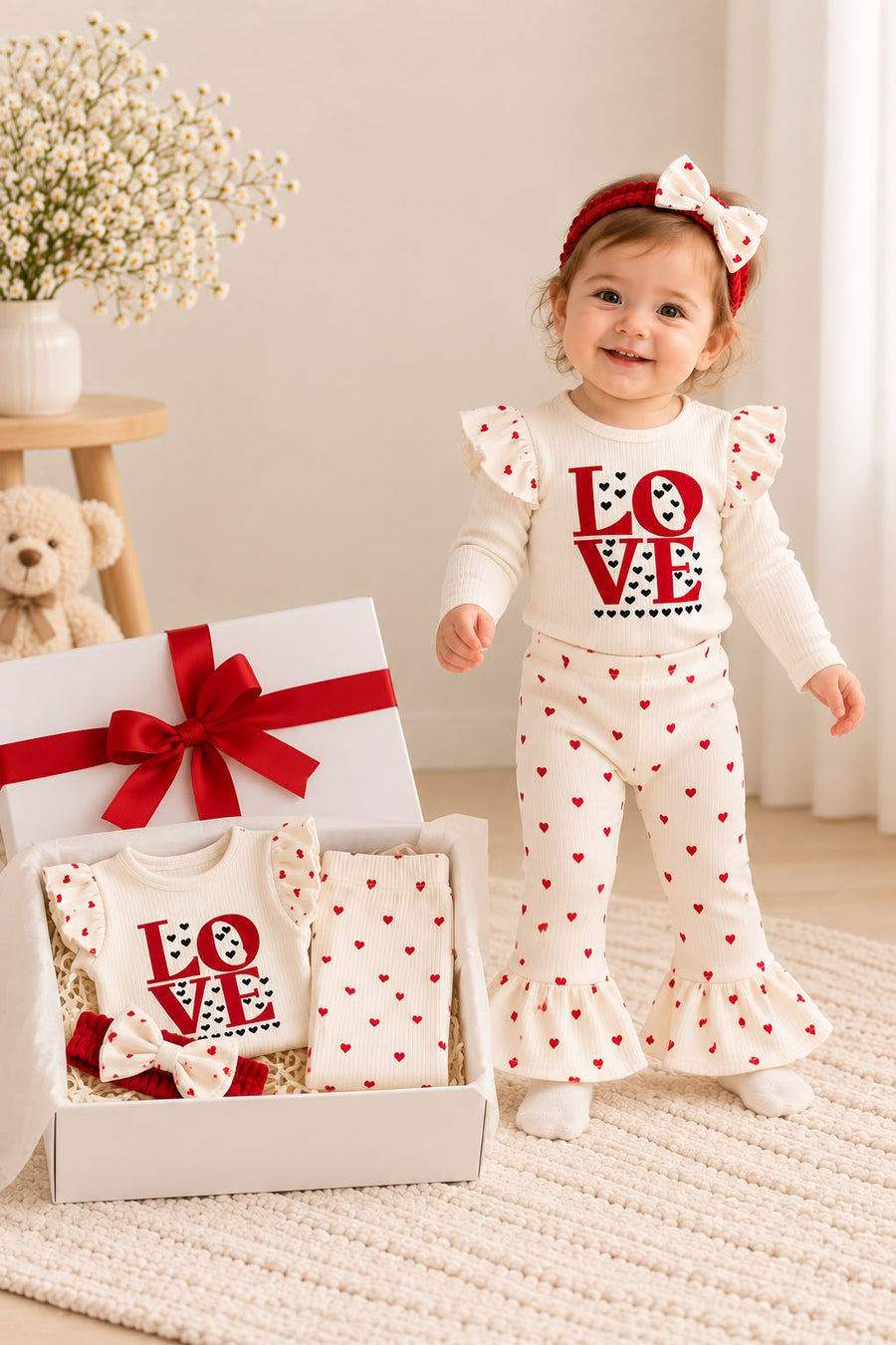 Kırmızı Kalpli LOVE Kız Bebek Takımı - fotoğraf 1
