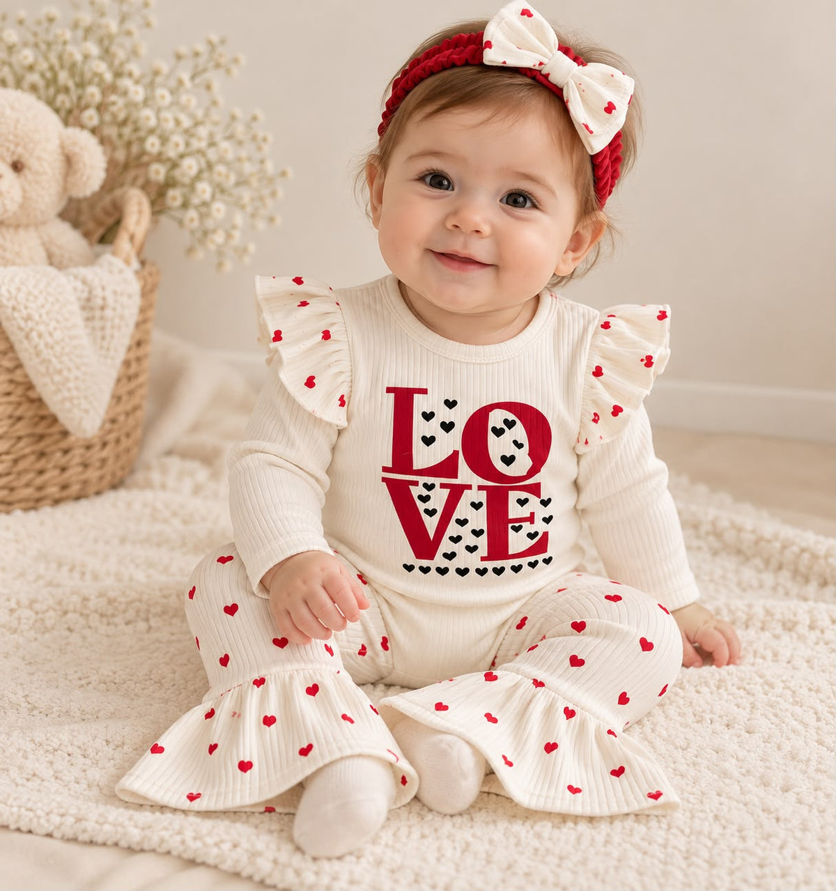 Kırmızı Kalpli LOVE Kız Bebek Takımı - fotoğraf 3