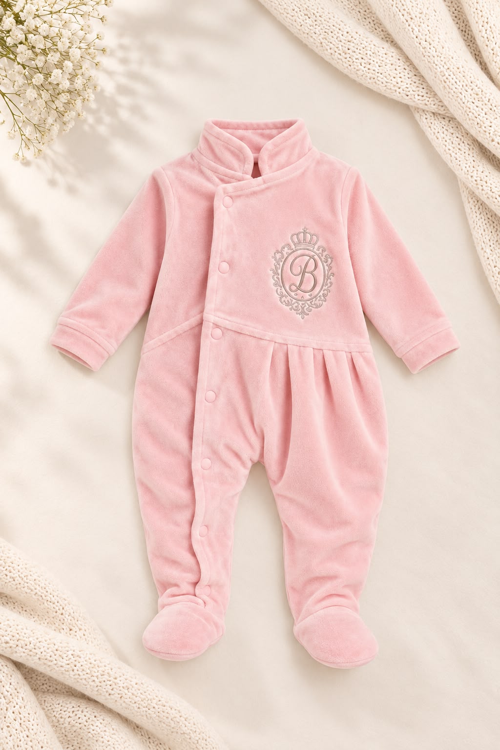Pembe kadife patikli bebek tulumu